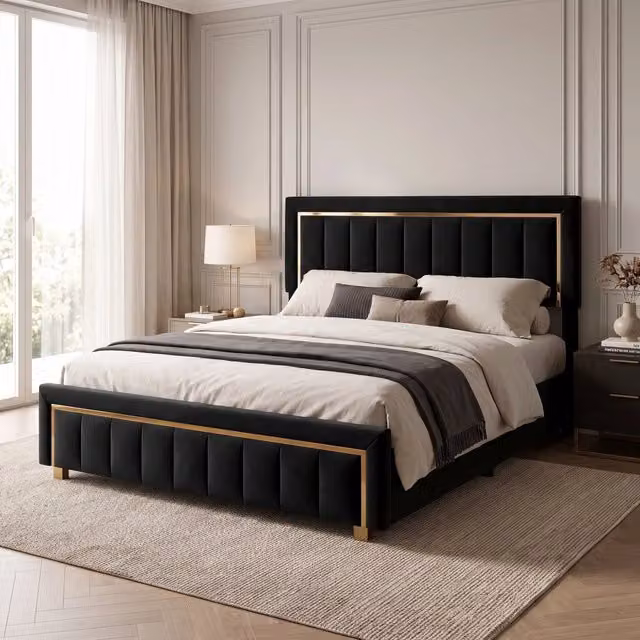 Letto Matrimoniale 160 x 200 cm;Letto Contenitore con contenitore idraulico;Testiera imbottita regolabile;Velluto;Nero