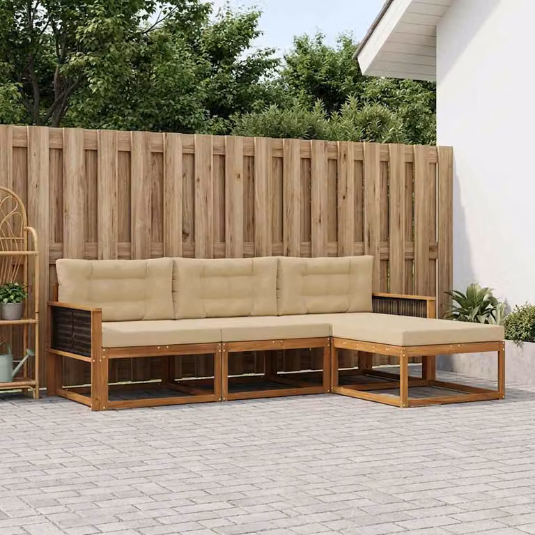 Set di divani da esterno vidaXL a forma di L in legno di acacia con pouf e cuscini, Beige