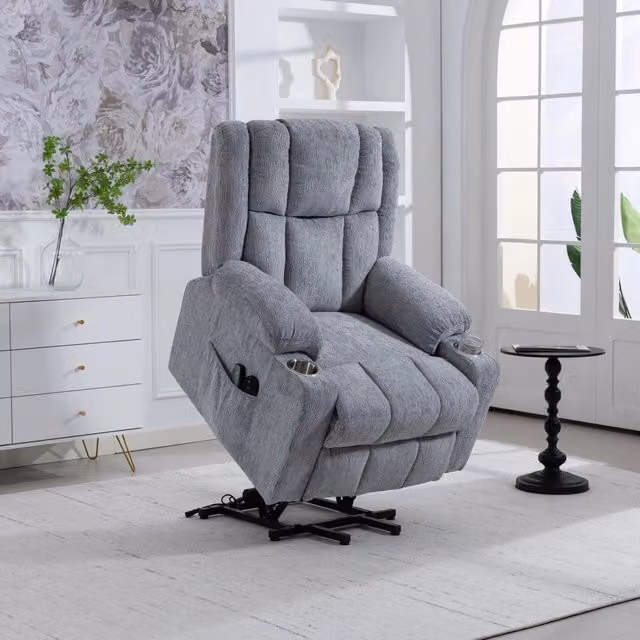 Poltrona elettrica relax con alzapersone massaggio e calore schienale reclinabile e poggiapiedi in velluto grigio chiaro