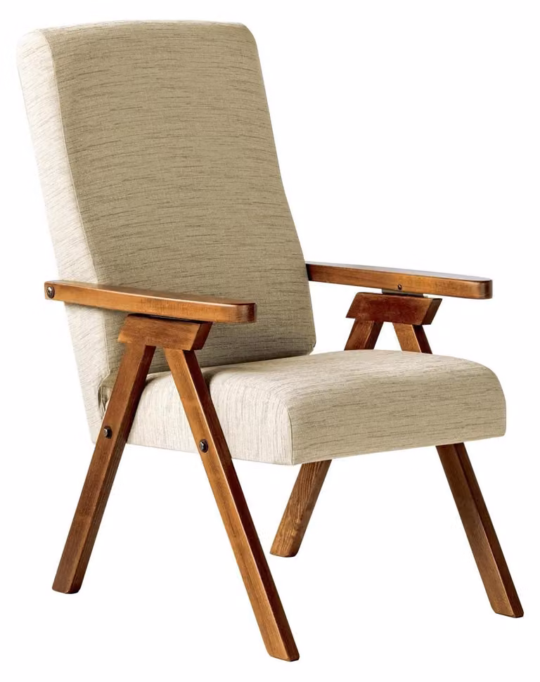 Poltrona reclinabile in legno di faggio, con funzione relax, rivestita in tessuto beige, sfoderabile