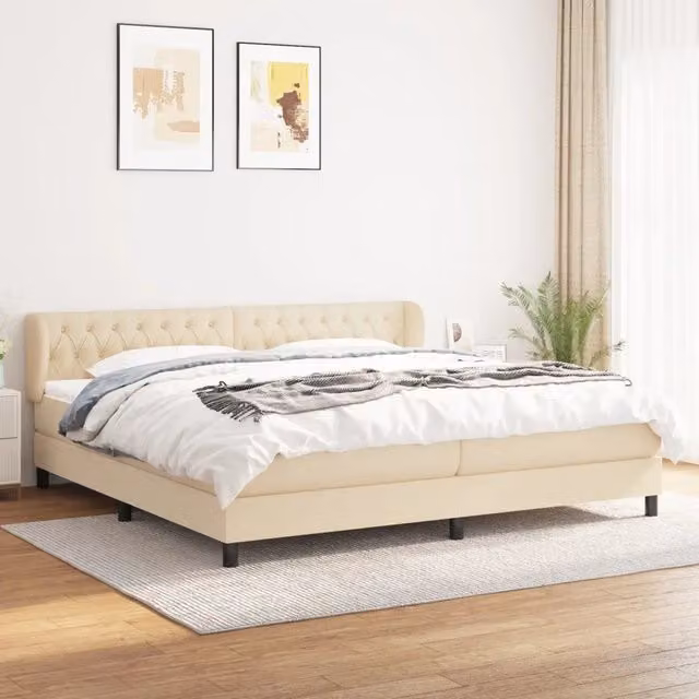 Letto Ibrido vidaXL con Giroletto a Molle e Materasso in Tessuto Beige e Bianco L/P/H: 203 x 203 x 88 cm