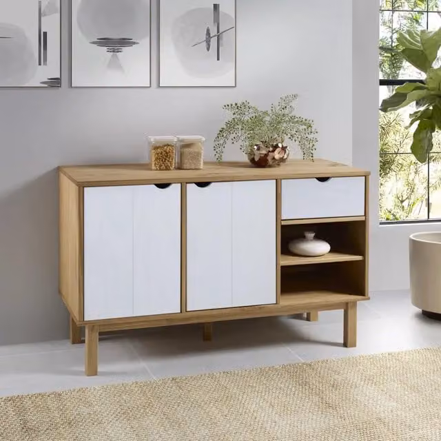 Credenza scandinava vidaXL in legno di pino Marrone e Bianco L: 114 cm, P: 43 cm, H: 73,5 cm – 1
