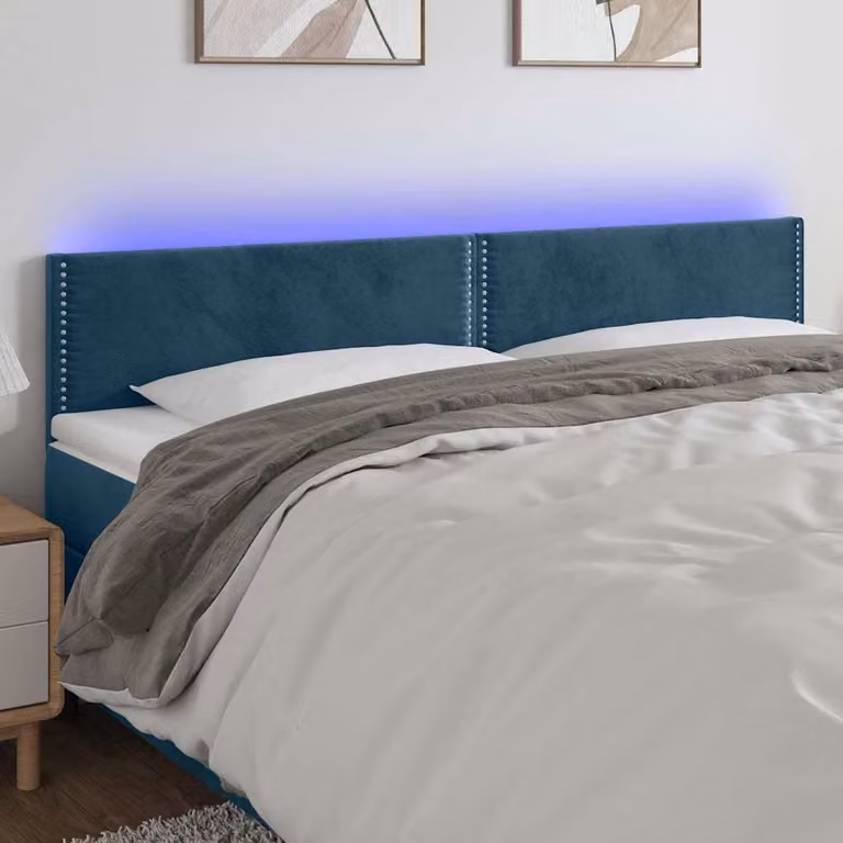 Testiera per letto vidaXL in velluto blu scuro con illuminazione LED integrata e porta di ricarica USB, L: 200 cm, P: 5 cm, H: 78-88 cm