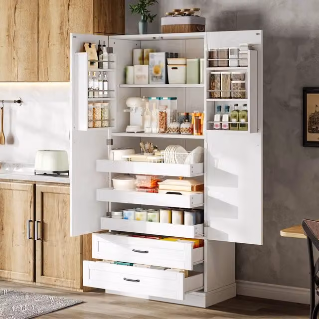 Armadio alto da cucina con 2 ante, ripiani porta e 3 piani estraibili + cassetti, per cucina, sala da pranzo e soggiorno