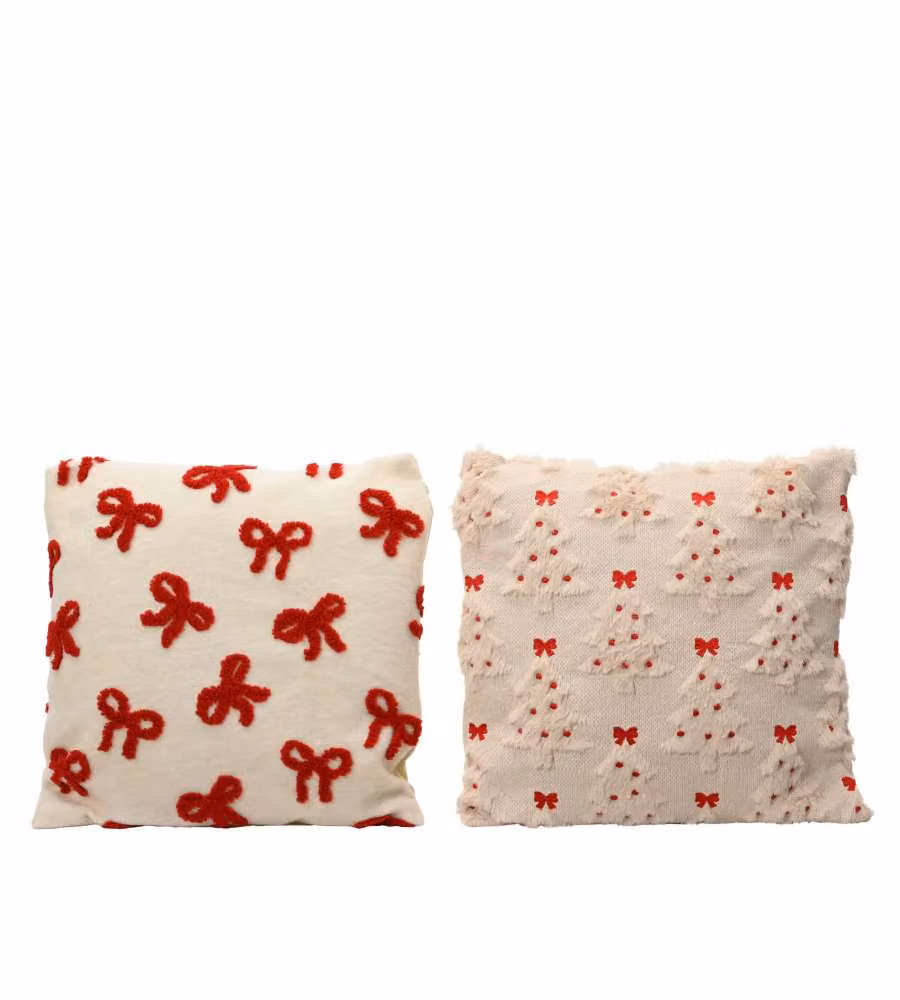Cuscino Natalizio Assortito 45x45cm Rosso e Bianco con Fiocchi