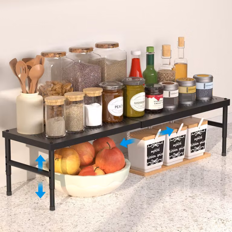 Ripiano estensibile, scaffale per spezie, regolabile e impilabile, adatto per armadi da cucina e dispense