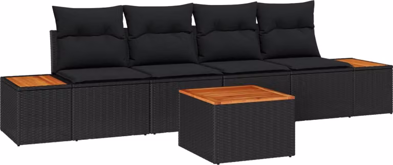 Set Divano da Giardino con cuscino 5 pcs Nero Poly Rattan
