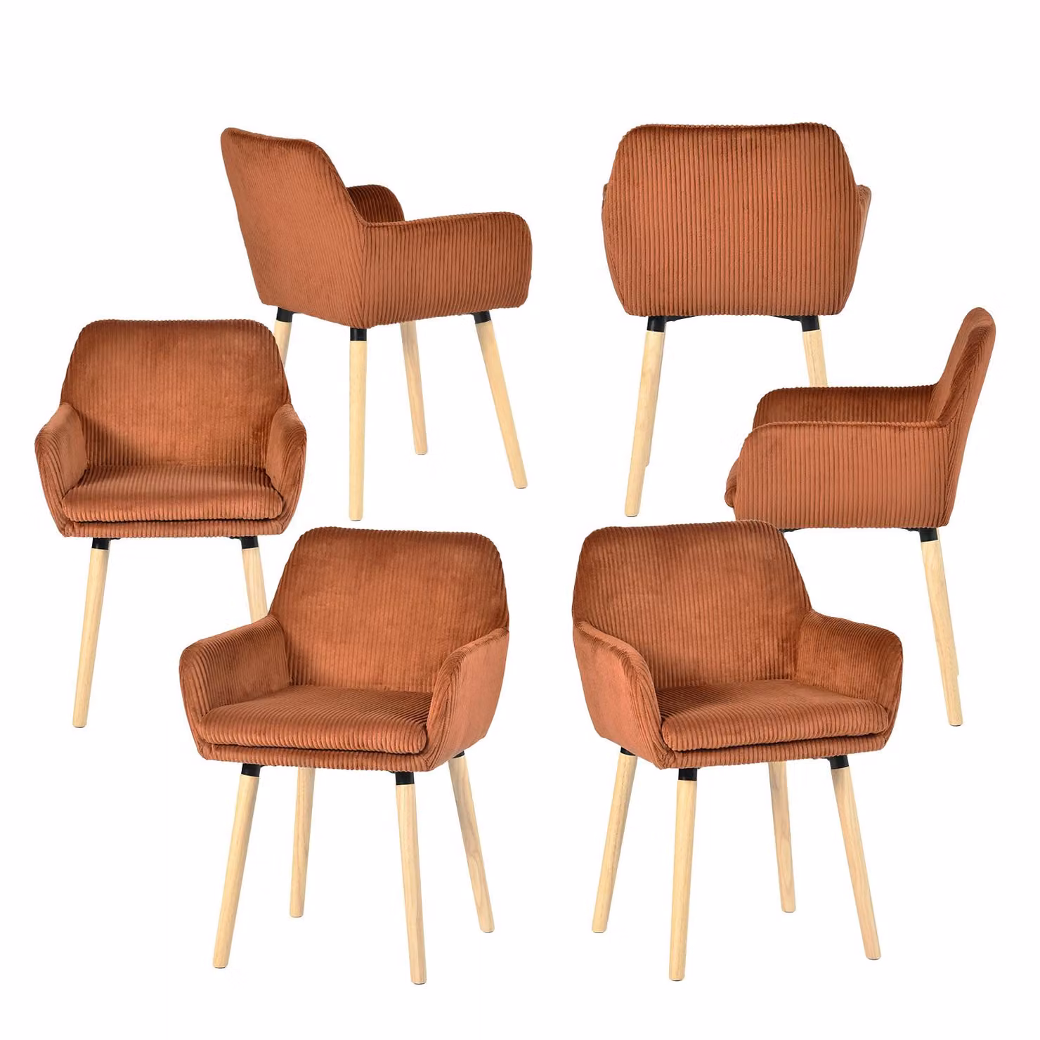 Set di 6 sedie da pranzo in stile scandinavo "ELIA", con gambe in legno e braccioli in corda color terracotta