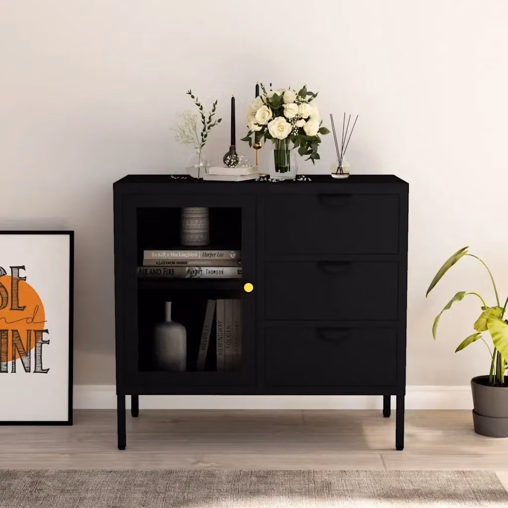 Credenza Buffet in Acciaio e Vetro Temperato Nera L: 75 cm, P: 35 cm, H: 70 cm – 2