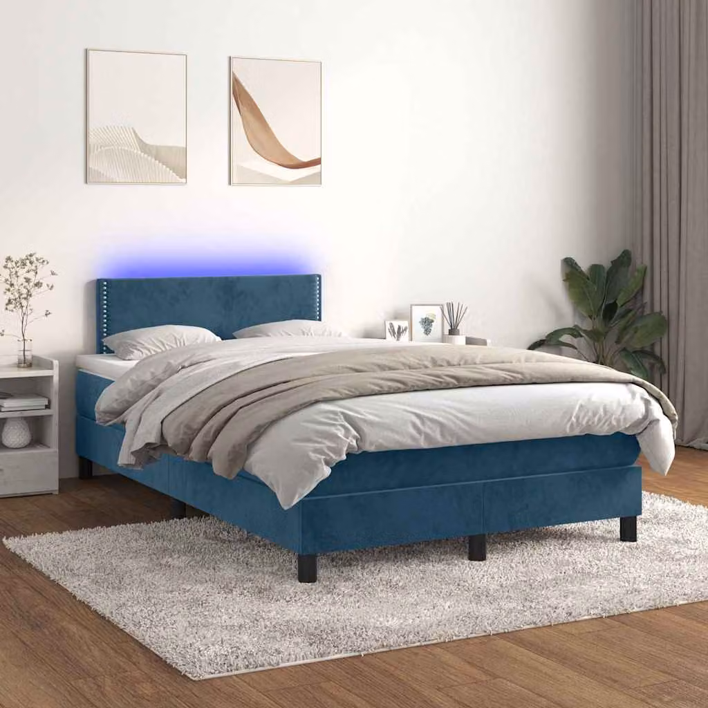 Letto a molle con materasso ibrido vidaXL in tessuto blu e bianco con illuminazione LED sottostante e porta USB, L/P: 120 x 200 cm