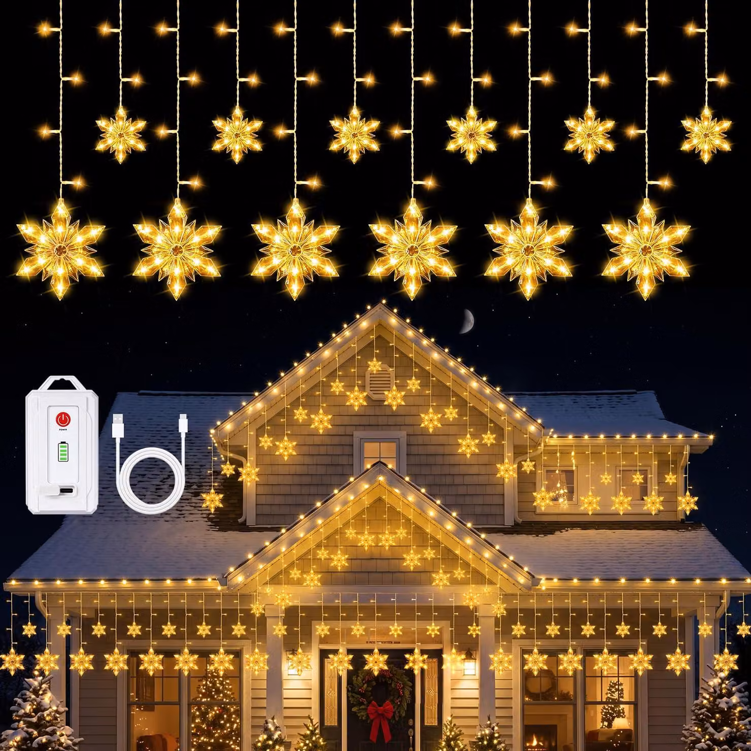 Tenda luminosa a forma di fiocchi di neve, con connessione USB-C, luce bianco caldo, 144 LED, lunghezza 3,3 metri