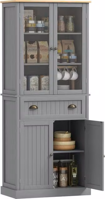 Buffet meuble cuisine rangement armoire de cuisine 4 portes dont 2 portes vitrées et 1 tiroir étagères réglables - gris
