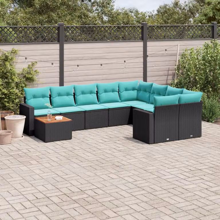 Set di divani da giardino vidaXL in polyrattan nero con 10 pezzi e cuscini inclusi