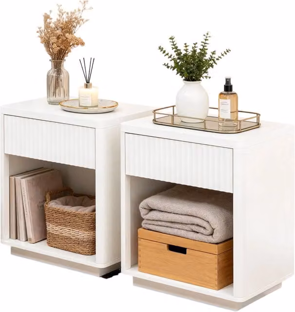 Set di 2 comodini moderni Minimal in legno bianco opaco con cassetto e ripiano aperto per camera da letto, soggiorno o ufficio, L/P/H: 40,0 x 15,7 x 55,0 cm