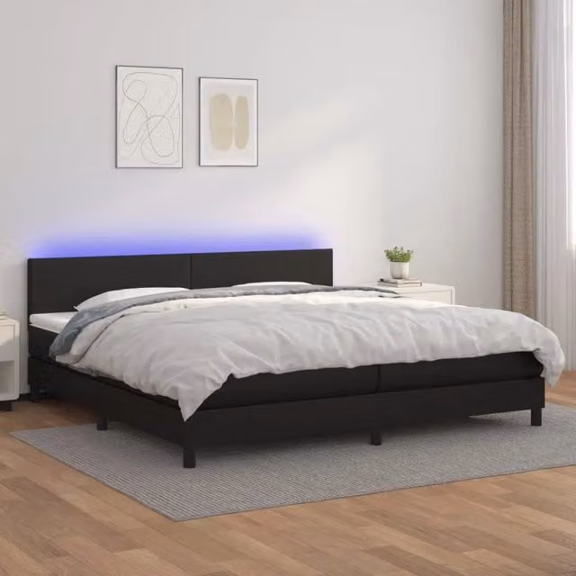 Letto a molle ibrido vidaXL con materasso e illuminazione LED, rivestimento in similpelle nero, L: 200 cm, P: 200 cm, H: 203 cm