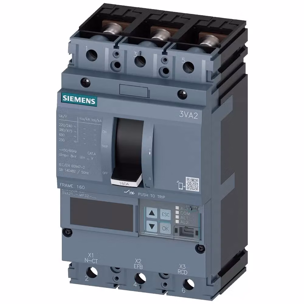 Interruttore di potenza Siemens 3VA2, telaio IEC 160, classe di capacità di interruzione C, Icu=110 kA a 415 V, 3VA21107MP320AA0