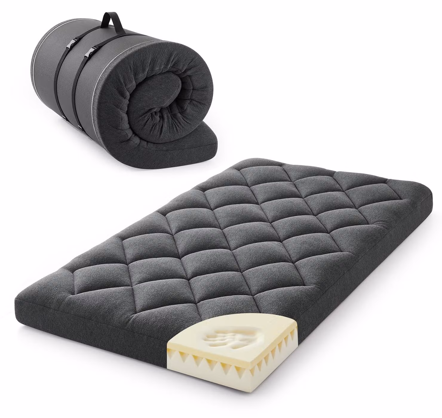 Materasso da pavimento, 10 cm di spessore, in memory foam, dimensioni 190x97 cm, con rivestimento removibile, arrotolabile