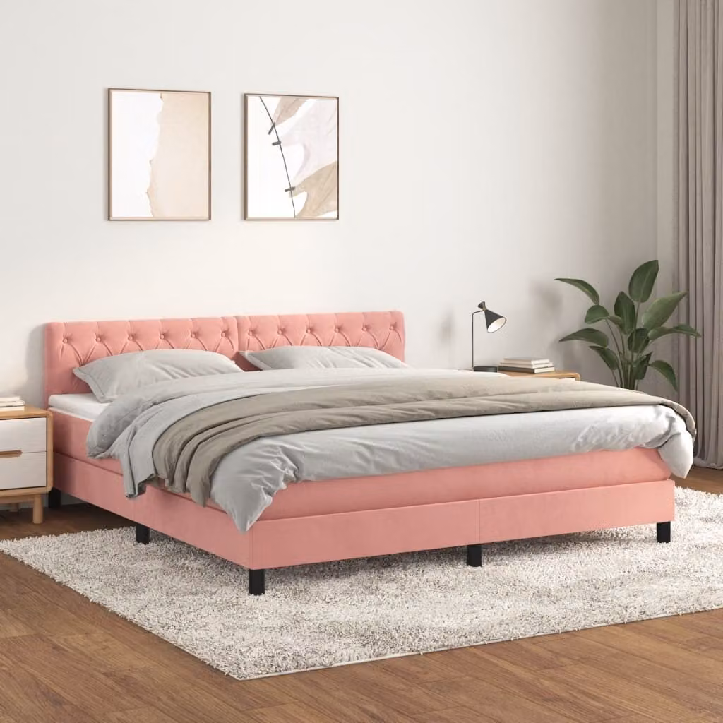 The Living Store Letto a molle con materasso rosa 160x200 cm in velluto