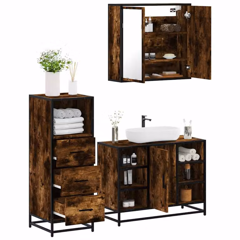 Set di mobili da bagno vidaXL in stile industriale composto da 3 pezzi in legno, metallo e vetro, colore marrone