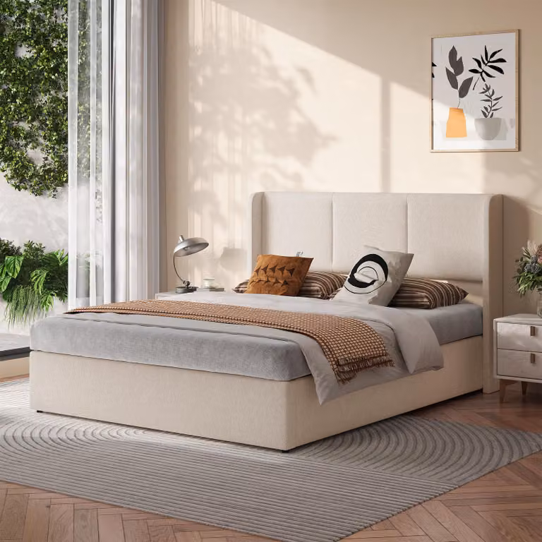 Letto imbottito 140x190 cm con contenitore, letto con sistema di sollevamento idraulico e spazio contenitivo, testiera imbottita con schienale, rete a doghe, letto matrimoniale rivestito in tessuto, colore beige