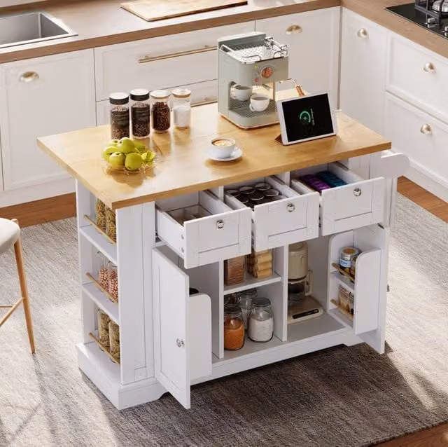 Isola cucina mobile con piano pieghevole 132x40(70)x87 cm; MDF; bianco/naturale