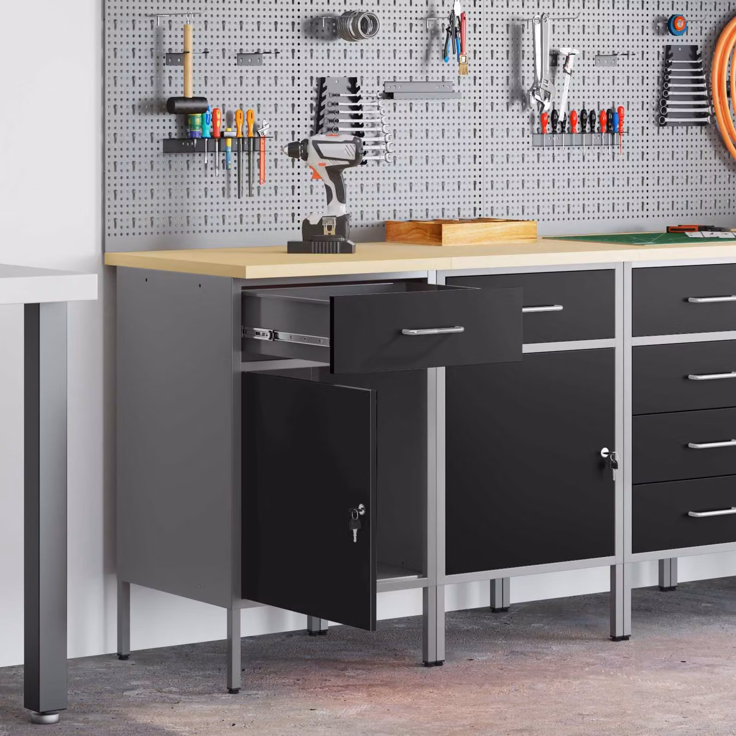 Set di 2 carrelli da lavoro mobili vidaXL con blocco, Nero e Grigio, L 100 x P 55 x H 85 cm