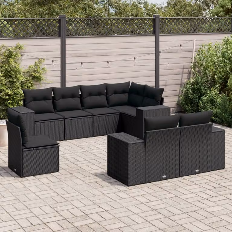 Set di divani da giardino vidaXL a forma di L con 8 cuscini in polyrattan nero e struttura in metallo