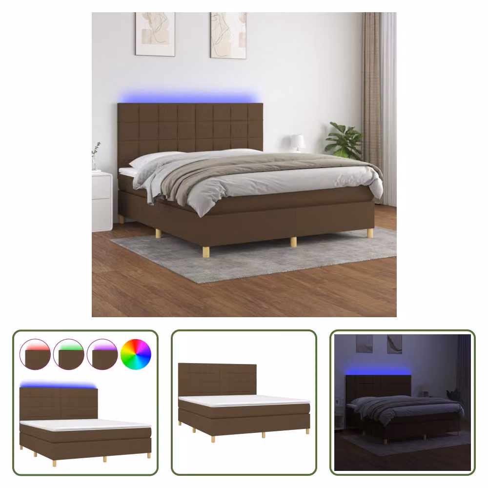 The Living Store Letto a molle con materasso e LED in tessuto marrone scuro 160x200 cm