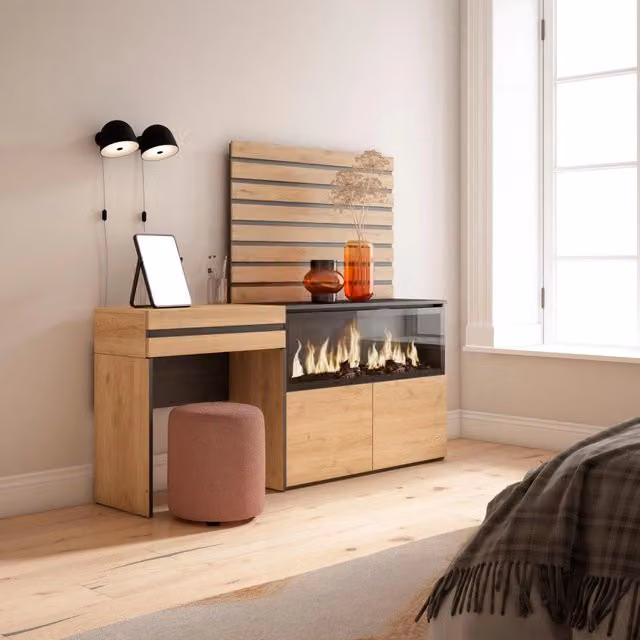 Tavolo da toeletta, 177x35x145cm, Con cassetto, Camino elettrico XXL, Pannelli Decorativi, colore Rovere RF3481