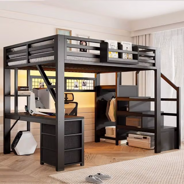Letto a soppalco con scrivania ¨C Minimal ¨C metallo nero 140x200cm, cassetti, armadio, LED