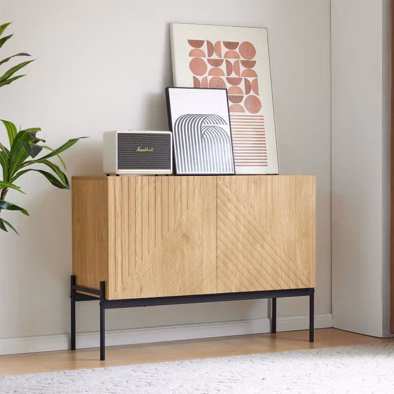 Flieks cassettiere soggiorno credenza con 2 ante, credenza tavoli alti con ripiano regolabile, cassettiera senza maniglia, finitura naturale