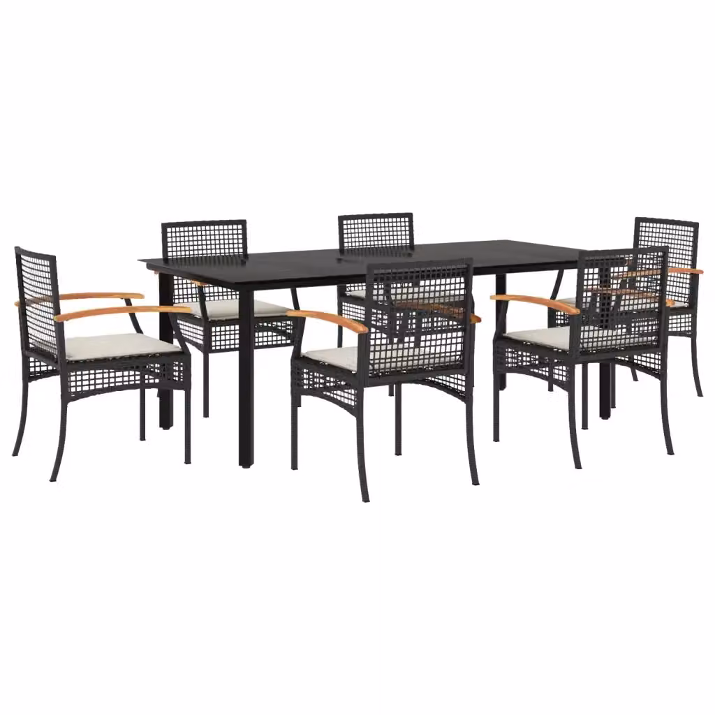 Set da pranzo da giardino moderno vidaXL in polyrattan e legno di acacia con piano in vetro, 7 pezzi, nero e bianco – 2