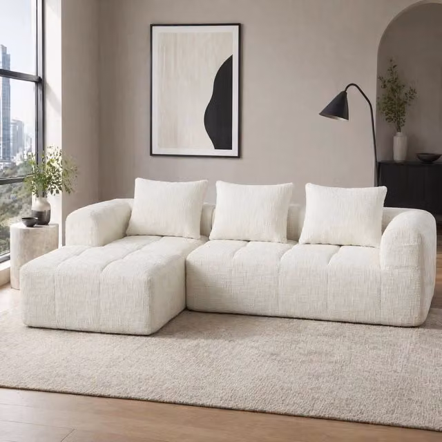 Divano componibile in ciniglia con chaise longue; 3 cuscini; senza montaggio; beige