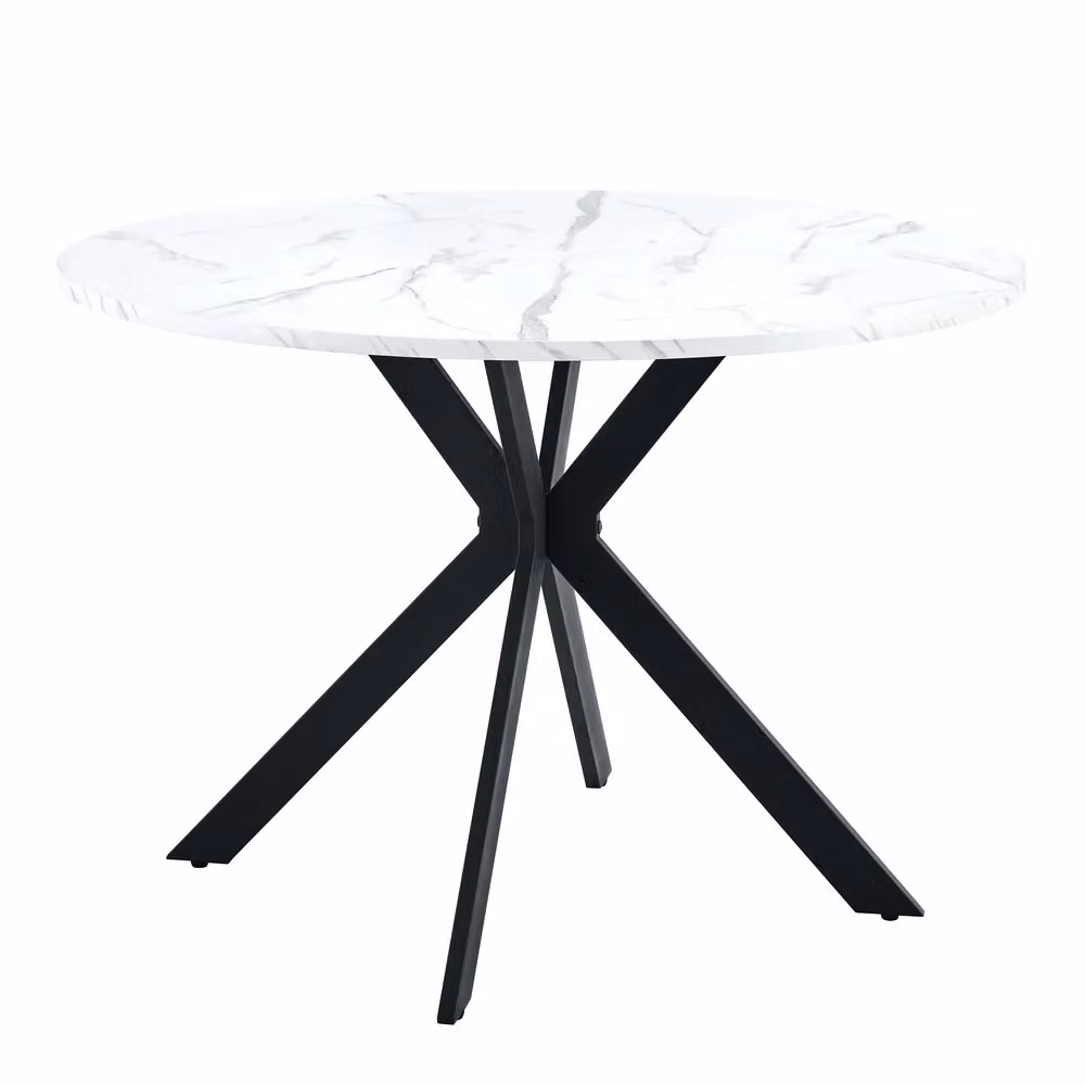 Tavolo da pranzo rotondo Minimal con effetto marmo bianco e telaio nero in MDF e metallo Diametro: 110 cm, Altezza: 76 cm – 2