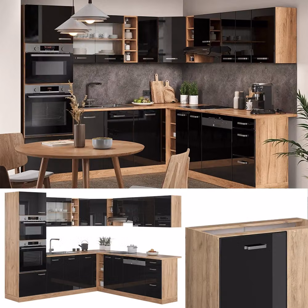 Cucina angolare moderna Vicco R-Line in nero lucido e rovere dorato, senza piano di lavoro, L: 247 cm, P: 237 cm – 2