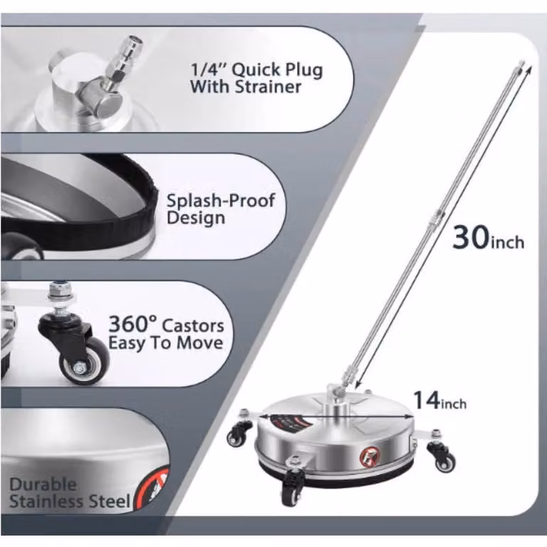 Spazzola lava superfici per idropulitrici - 33/36 cm - 4000 PSI - Acciaio inossidabile - 4 ruote - Bianco