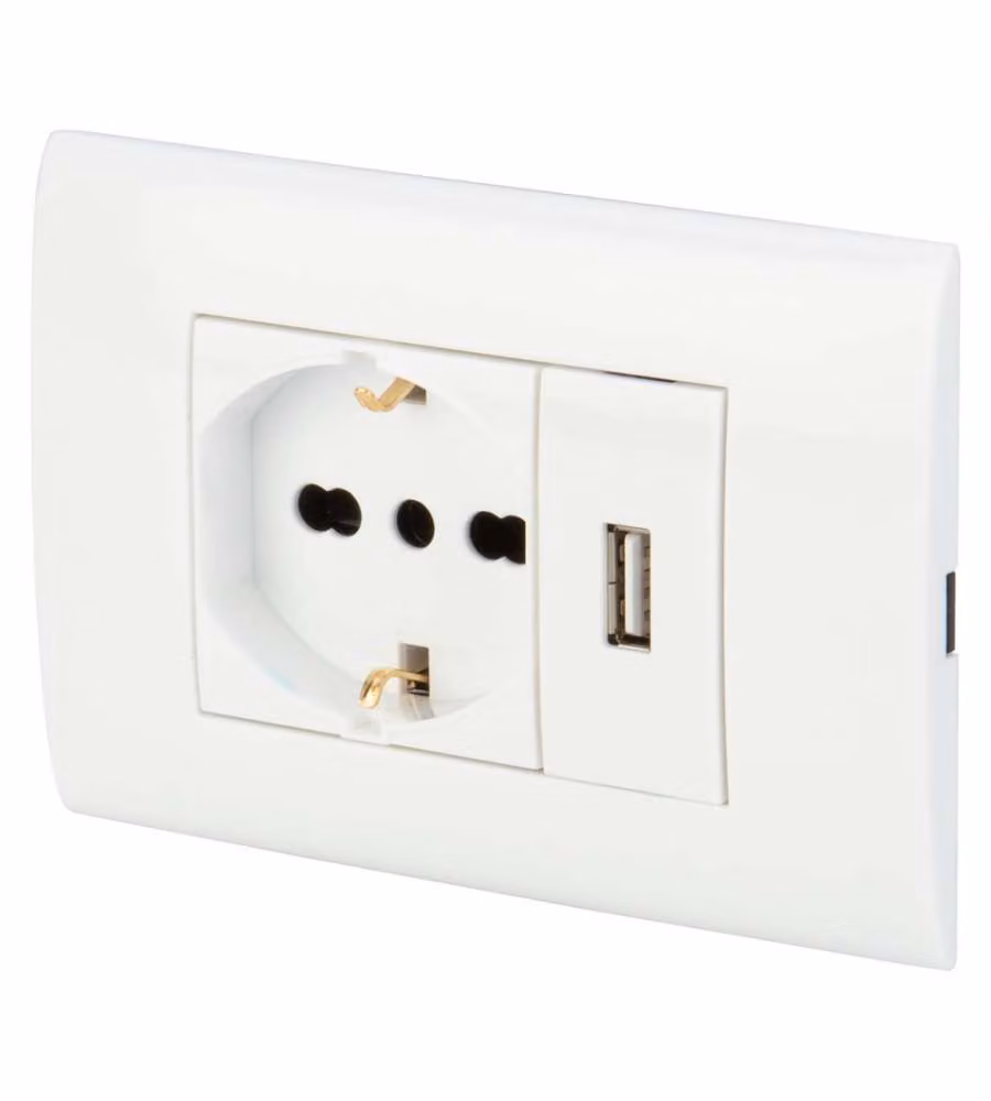 Placca con Presa Pluristandard 10/16A e Presa USB 2,1A Poly Pool Bianco