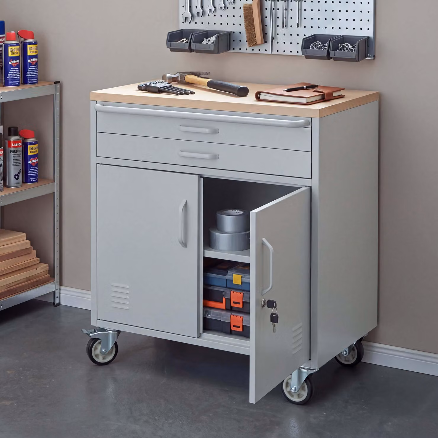 Carrello da officina HWC-R18, carrello mobile per utensili, con serratura, dotato di ruote, scomparti portaoggetti, cassetti, realizzato in acciaio, dimensioni 85x75x53 cm, colore grigio chiaro