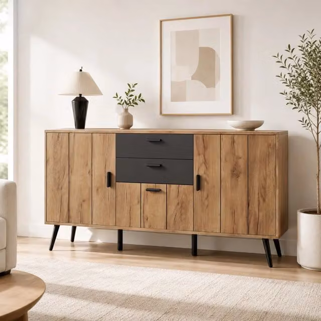 Credenza Sideboard Moderna con 2 Cassetti e 3 Ante in MDF, L/P/H: 140 x 35 x 67 cm, Colore Nero o Marrone
