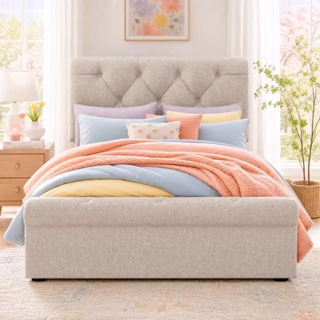Letto singolo imbottito 90 × 200 cm con 2 cassetti e testiera regolabile in legno metallo e lino naturale
