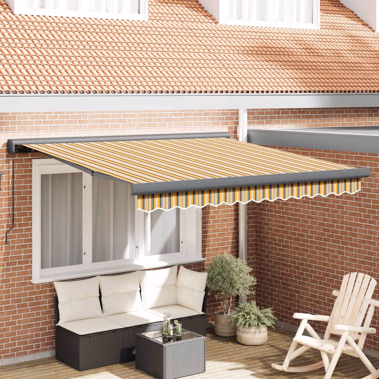 vidaXL Tenda retrattile multicolore con bracci pieghevoli in alluminio e tela in poliestere L: 300 cm, P: 250 cm