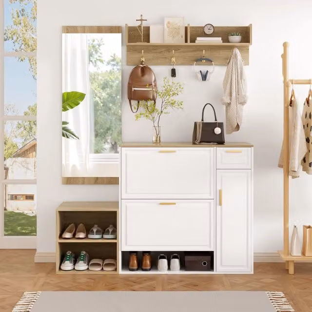 Mobili da ingresso 4 pezzi con scarpiera panca appendiabiti e specchio truciolare bianco e naturale 139,5 × 35 × 166 cm