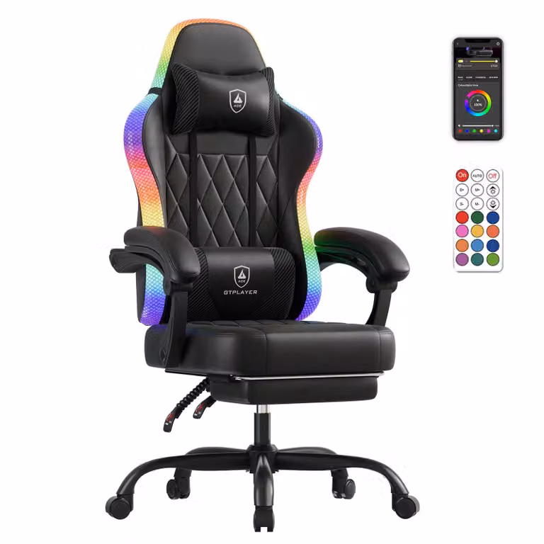 GTPLAYER Sedia da gioco, sedia da ufficio, sedia da gioco con barra luminosa a LED, sedia da gioco, schienale con borsa portaoggetti Sedia ergonomica per PC
