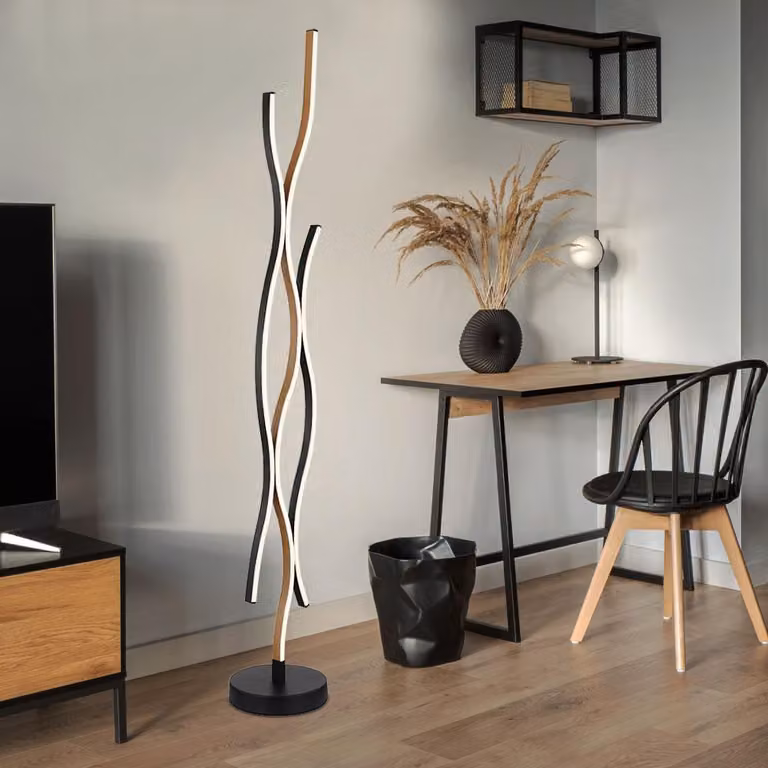 Lampada da terra a LED, metallo, effetto legno, nero opaco, H 135 cm