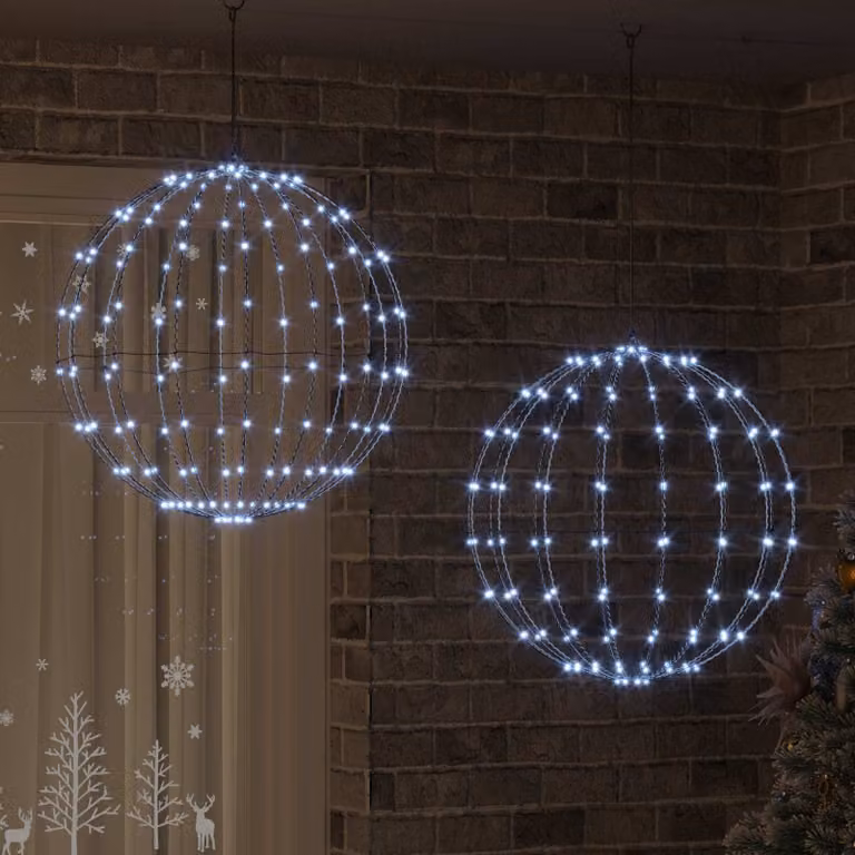 Set di 2 sfere decorative vidaXL in metallo bianco con 384 LED luce bianca fredda e telecomando, L 60 x P 60 x H 62 cm