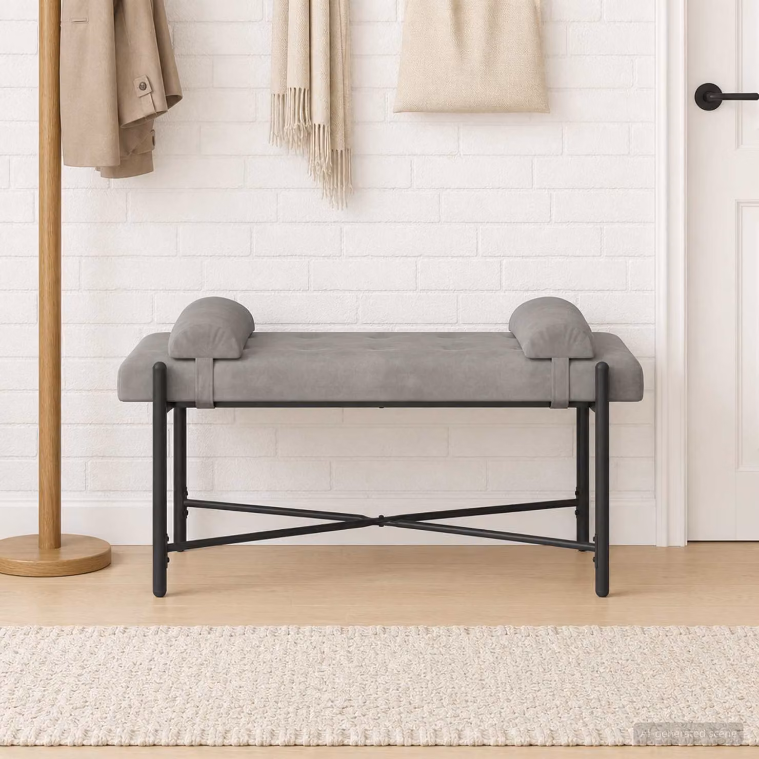 Panchina moderna vidaXL in velluto grigio con bottoni e cuscini, L 110 x P 40 x H 46 cm