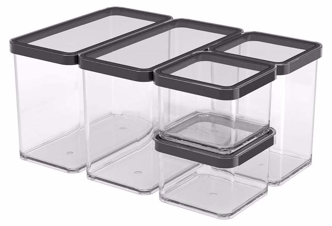 Set di 5 scatole di stoccaggio con coperchio, trasparenti
