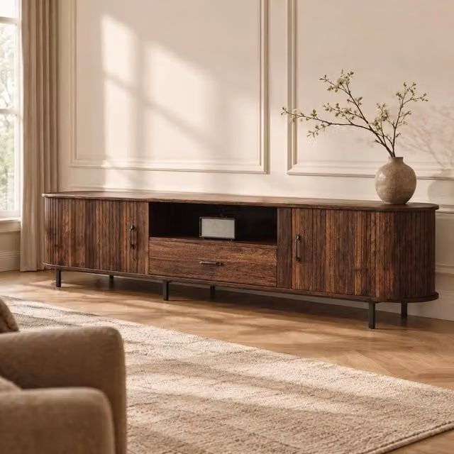 Mobile TV in MDF 180x40x45 cm con ante scorrevoli, cassetto e ripiani aperti, supporta TV fino a 75 pollici colore noce