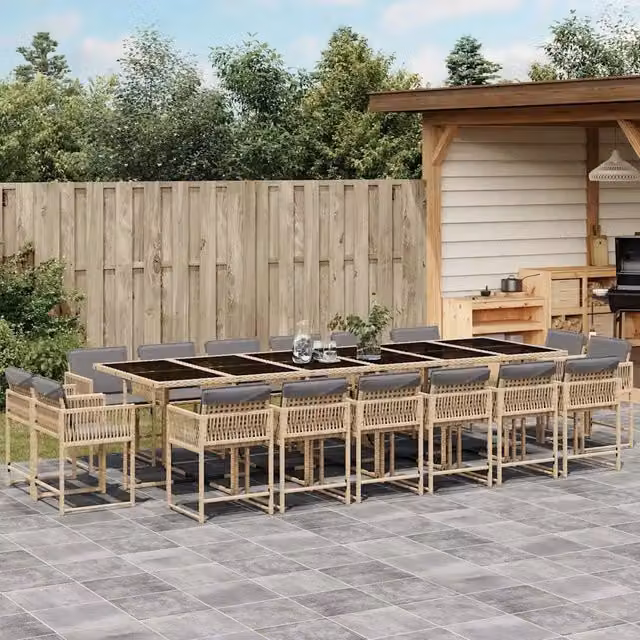Set Pranzo da Giardino vidaXL in Polyrattan con Cuscini Beige e Piano in Vetro, 17 Pezzi