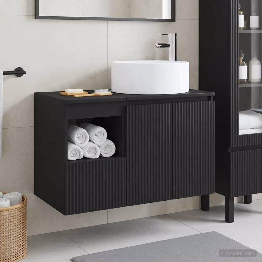Set di mobili da bagno moderni vidaXL composto da mobile lavabo e pensile a muro in MDF nero opaco L/P/H: 80,0 x 44,5 x 49,5 cm e 37,7 x 44,5 x 49,5 cm